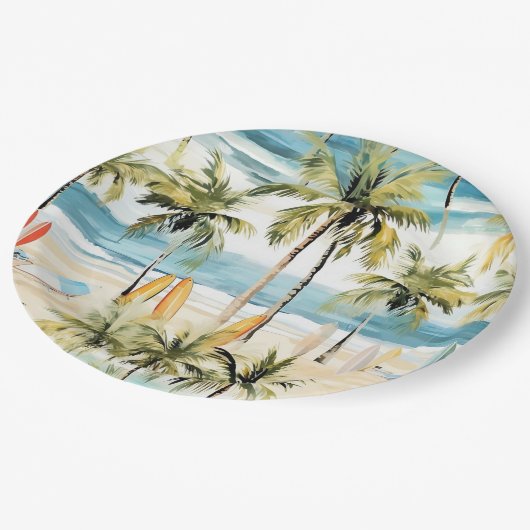 熱帯ビーチ(サーフボード付き) ペーパープレート (アングル)