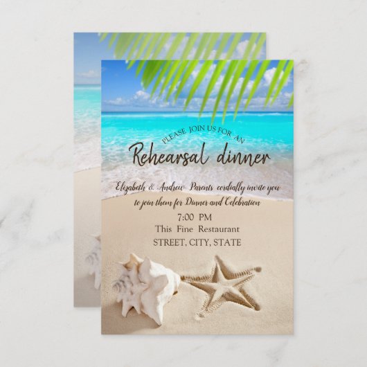 熱帯ビーチ、シースター、シーシェルリハーサルディナー 招待状 (正面/裏面)