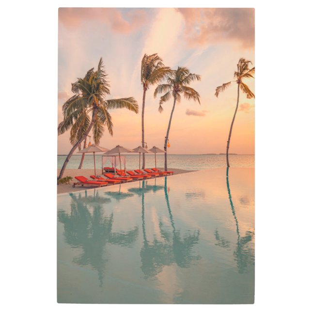 熱帯ビーチ |モルディブ熱帯ビーチ&プール メタルプリント (正面)