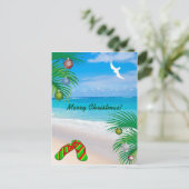 熱帯ビーチ、ヤシの木とビーチサンダルクリスマス シーズンポストカード (スタンド正面)