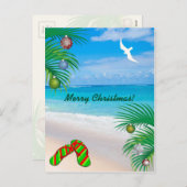 熱帯ビーチ、ヤシの木とビーチサンダルクリスマス シーズンポストカード (正面/裏面)
