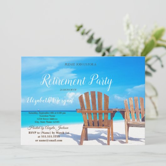 熱帯ビーチ、木の椅子リタイアメントパーティー 招待状 (スタンド正面)