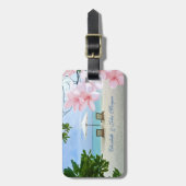 熱帯ビーチ、椅子、ハワイアン花 ラゲッジタグ (正面縦)