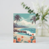熱帯ビーチ、海、ハイビスカスの花 ポストカード (スタンド正面)