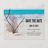 熱帯ビーチ（白い貝殻を持つ）日付を保存 インビテーションポストカード (正面)