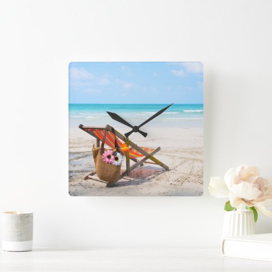 熱帯ビーチ |砂のビーチ椅子 スクエア壁時計 (ホーム)