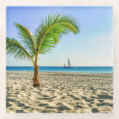 熱帯ビーチ | Sailboat, Palm Tree, Aruba ガラスコースター (正面)