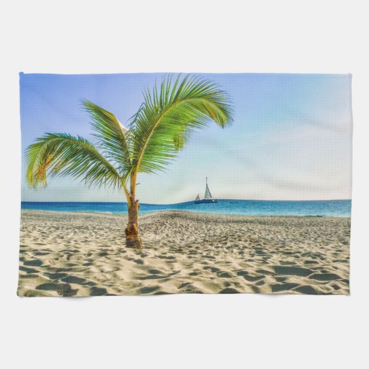 熱帯ビーチ | Sailboat, Palm Tree, Aruba キッチンタオル (横)