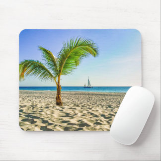 熱帯ビーチ | Sailboat, Palm Tree, Aruba マウスパッド