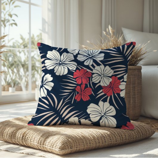 熱帯ピンクとネイビーのフローラ クッション