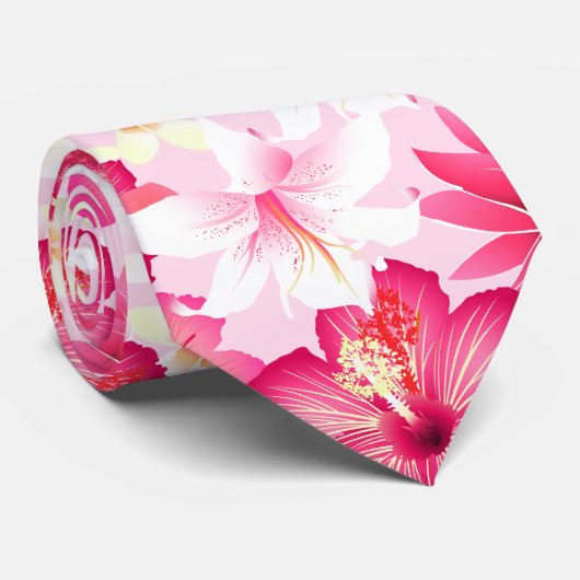 熱帯ピンクと白の花 ネクタイ (ロール)