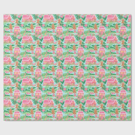 熱帯ピンクと緑のクリスマスジンジャーブレッドタウン ラッピングペーパー (フラット)