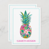熱帯ピンクと緑のフローラパイナップル ノートカード (正面/裏面)
