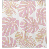 熱帯ピンクと金ゴールドのモンステラとパーム離れの シャワーカーテン (正面)