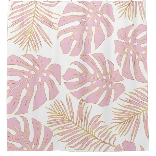 熱帯ピンクと金ゴールドのモンステラとパーム離れの シャワーカーテン (正面)