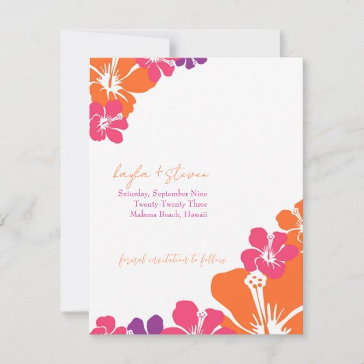 熱帯ピンクのオレンジ色の紫色のハイビスカスが日付を保存 招待状 (正面)