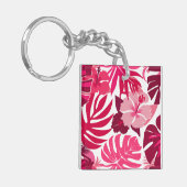 熱帯ピンクのハイビスカスとモンステラ葉のパターン キーホルダー (正面左)