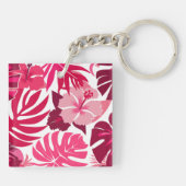 熱帯ピンクのハイビスカスとモンステラ葉のパターン キーホルダー (裏面)