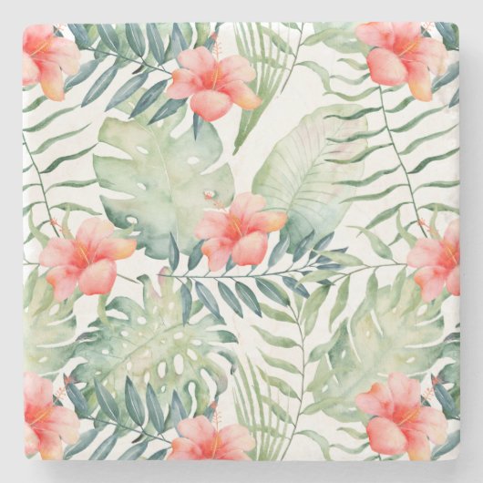 熱帯ピンクのハイビスカスの水彩画の花 ストーンコースター (正面)