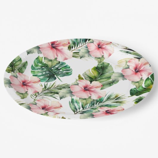 熱帯ピンクのハイビスカスの花 ペーパープレート (アングル)