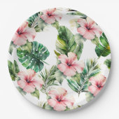 熱帯ピンクのハイビスカスの花 ペーパープレート (正面)