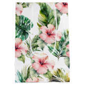 熱帯ピンクのハイビスカスの花 ミディアムペーパーバッグ (裏面)