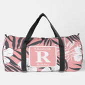 熱帯ピンクのハイビスカスパーソナライズされたモノグラム ダッフルバッグ (裏面)