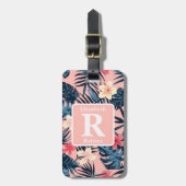 熱帯ピンクのハイビスカスパーソナライズされたモノグラム ラゲッジタグ (正面縦)