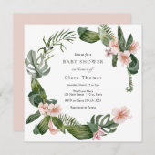 熱帯ピンクのハイビスカスフローラベビーシャワー 招待状 (正面/裏面)