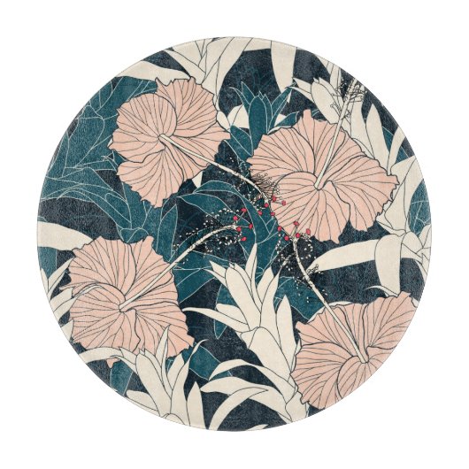 熱帯ピンクのハイビスカス、暗い背景 カッティングボード (正面)