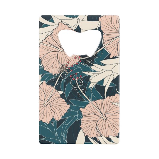 熱帯ピンクのハイビスカス、暗い背景 クレジットカード栓抜き (正面)