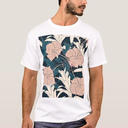 熱帯ピンクのハイビスカス、暗い背景 Tシャツ (正面)