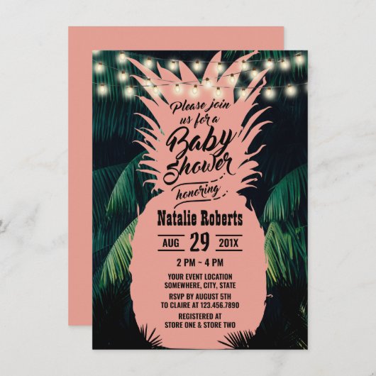 熱帯ピンクのパイナップルパームツリーベビーシャワー 招待状 (正面/裏面)