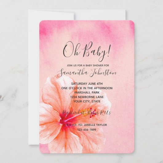 熱帯ピンクのピーチハイビスカスフラワーベビーシャワー 招待状 (正面)