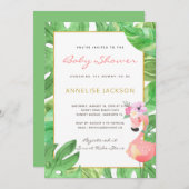 熱帯ピンクのフラミンゴの緑葉の赤ちゃんシャワー 招待状 (正面/裏面)