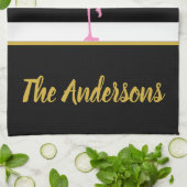 熱帯ピンクのフラミンゴオンブラックとホワイトストライプ キッチンタオル (折り畳み)