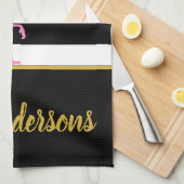 熱帯ピンクのフラミンゴオンブラックとホワイトストライプ キッチンタオル (四つ折り)