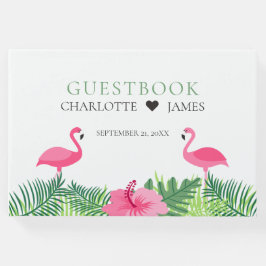 熱帯ピンクのフラミンゴカラフルスの花結婚の数 ゲストブック