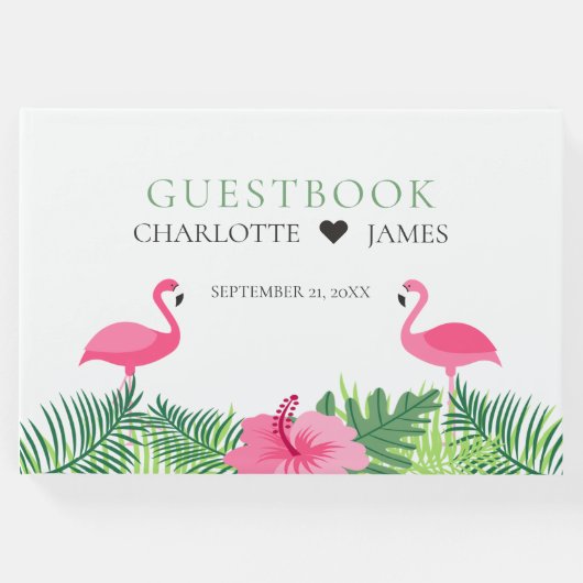 熱帯ピンクのフラミンゴカラフルスの花結婚の数 ゲストブック (正面)