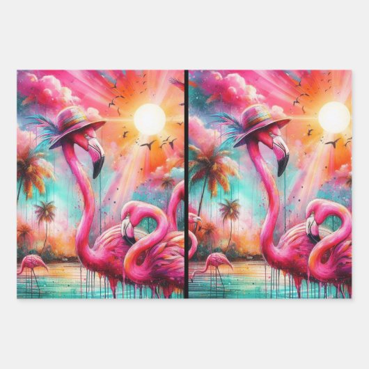熱帯ピンクのフラミンゴスヤシの木の太陽のデコページ ラッピングペーパーシート (正面2)