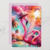 熱帯ピンクのフラミンゴスヤシの木サンフラミンゴ サンキューカード (正面/裏面)
