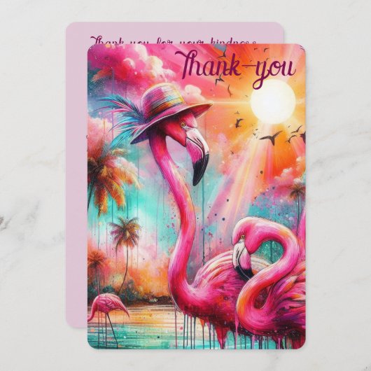 熱帯ピンクのフラミンゴスヤシの木サンフラミンゴ サンキューカード (正面/裏面)