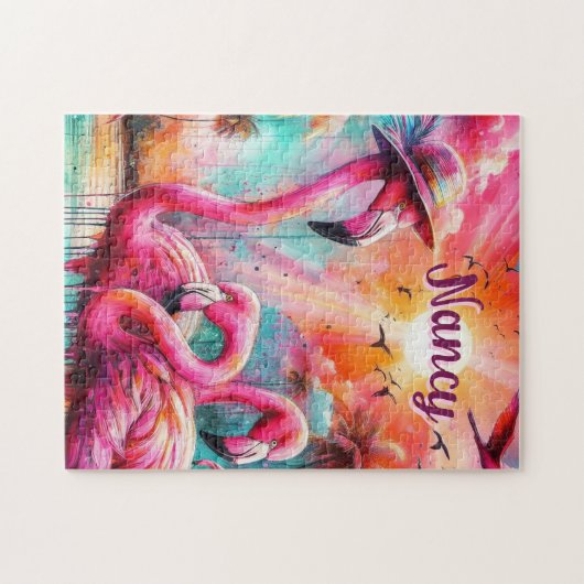 熱帯ピンクのフラミンゴスヤシパーソナライズされたの木 ジグソーパズル (横)