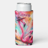 熱帯ピンクのフラミンゴスヤシパーソナライズされたの木 スリム缶クーラー (Seltzer正面)