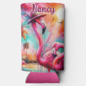 熱帯ピンクのフラミンゴスヤシパーソナライズされたの木 スリム缶クーラー (裏面)