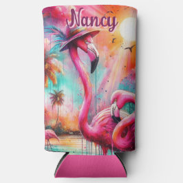熱帯ピンクのフラミンゴスヤシパーソナライズされたの木 スリム缶クーラー