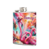 熱帯ピンクのフラミンゴスヤシパーソナライズされたの木 フラスク (左)