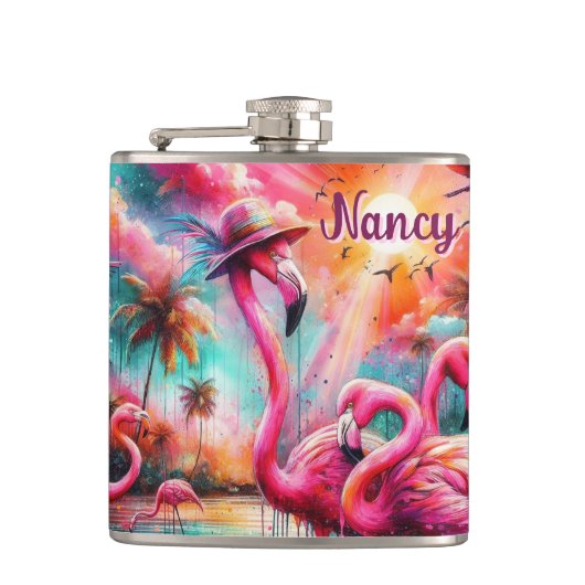 熱帯ピンクのフラミンゴスヤシパーソナライズされたの木 フラスク (正面)