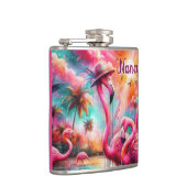 熱帯ピンクのフラミンゴスヤシパーソナライズされたの木 フラスク (右)