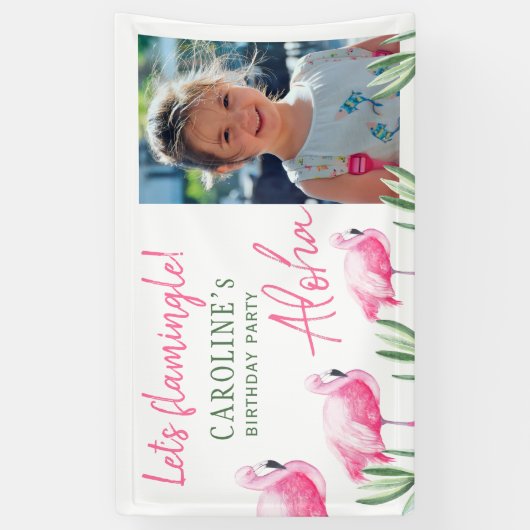 熱帯ピンクのフラミンゴビーチ誕生日パーティー 横断幕 (縦)
